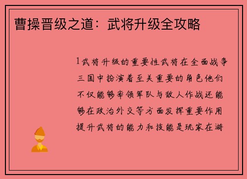 曹操晋级之道：武将升级全攻略